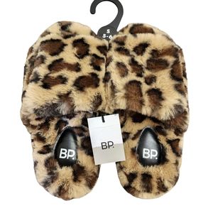 BP Women's Livie Plush Slide On Tan Leopard Print Slippers Size 5-6